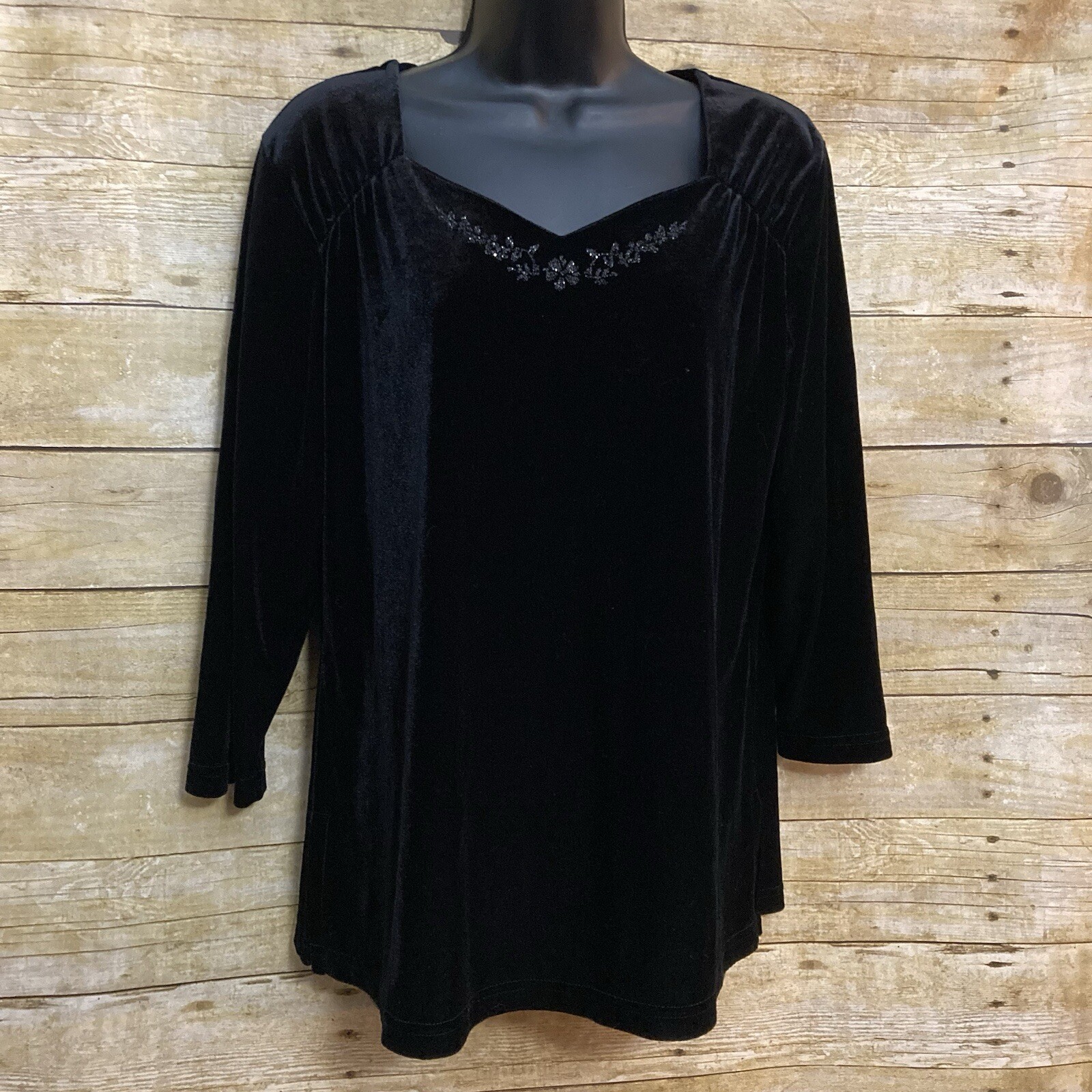 Vintage Studio Size XL Top Black Velour Velvet Embellished Sweetheart Neck USA