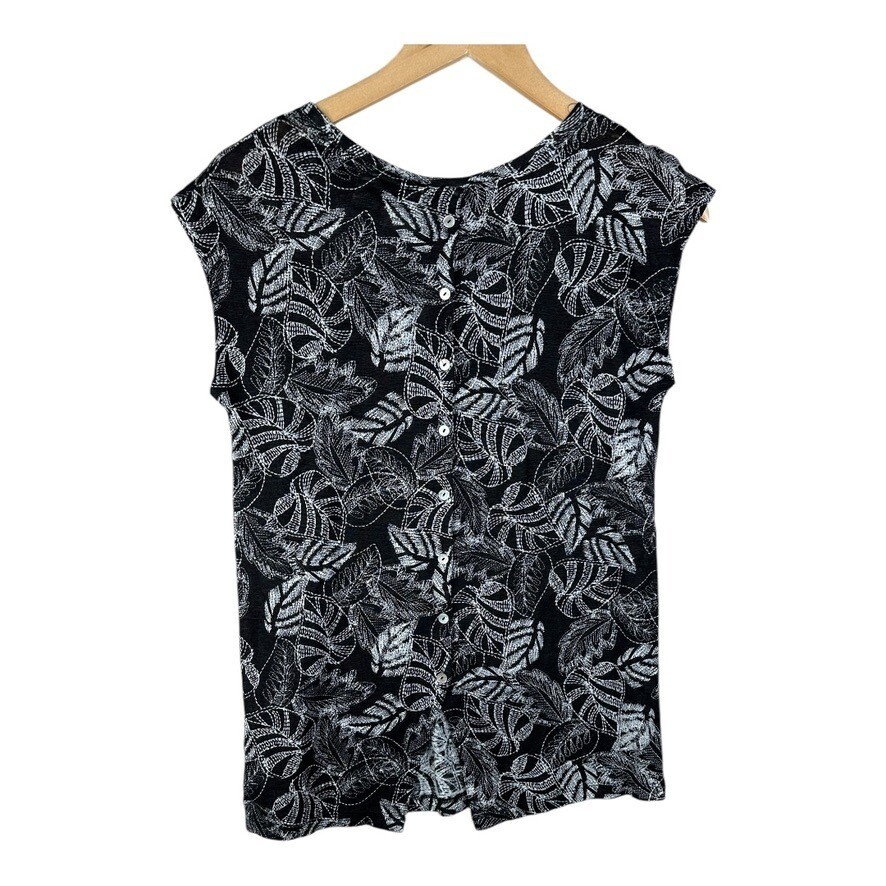 Rachel Zoe Floral Leaf Print Sleeveless Blouse Size Small 100% Linen Black