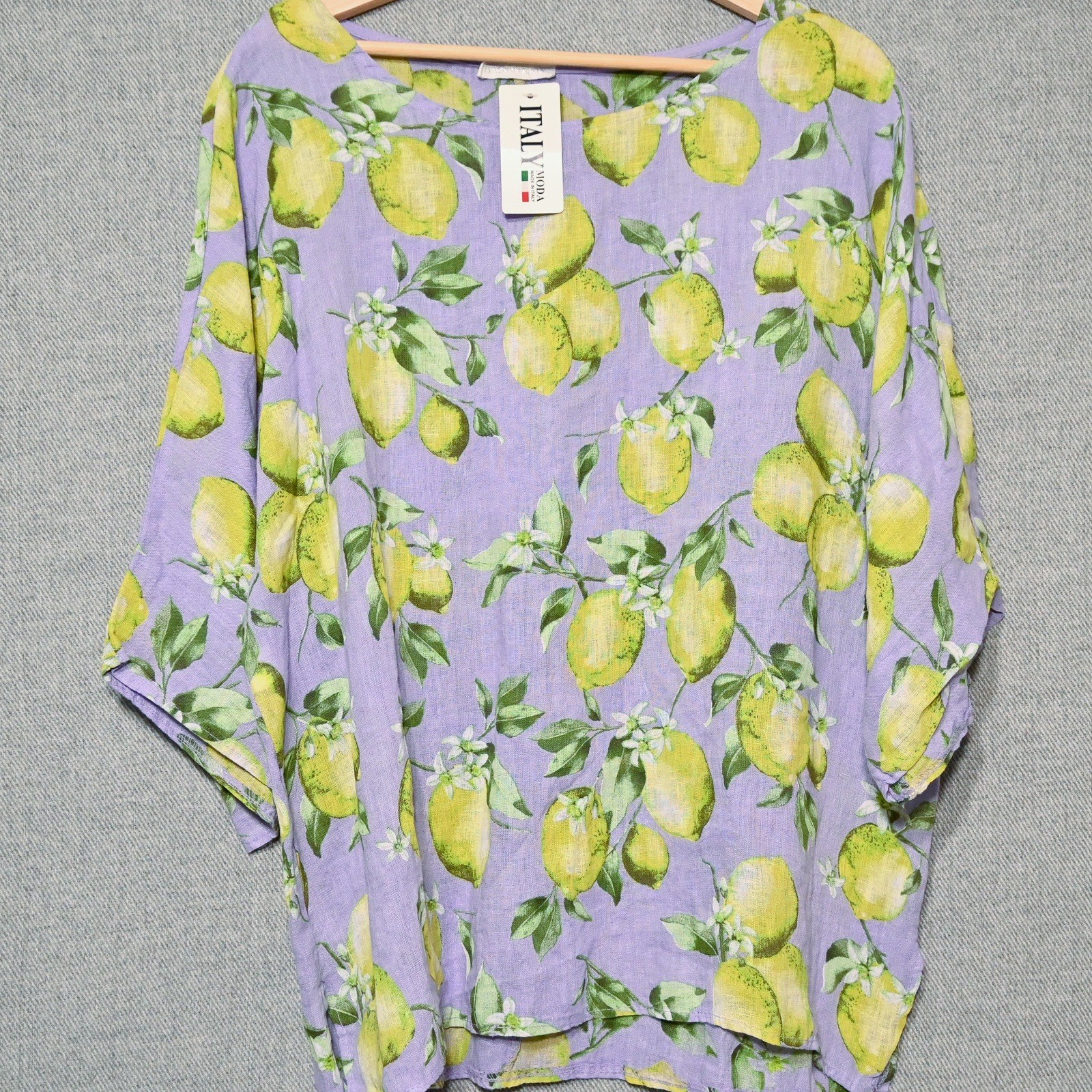 Italy Moda Linen Top Womens Lemon Print Short Sleeve Purple OS Italy NWT