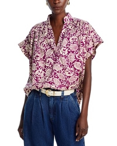 Vanessa Bruno Cory Print Top Women’s M/L Plum/Cream Short Sleeve V-Neck Pullover