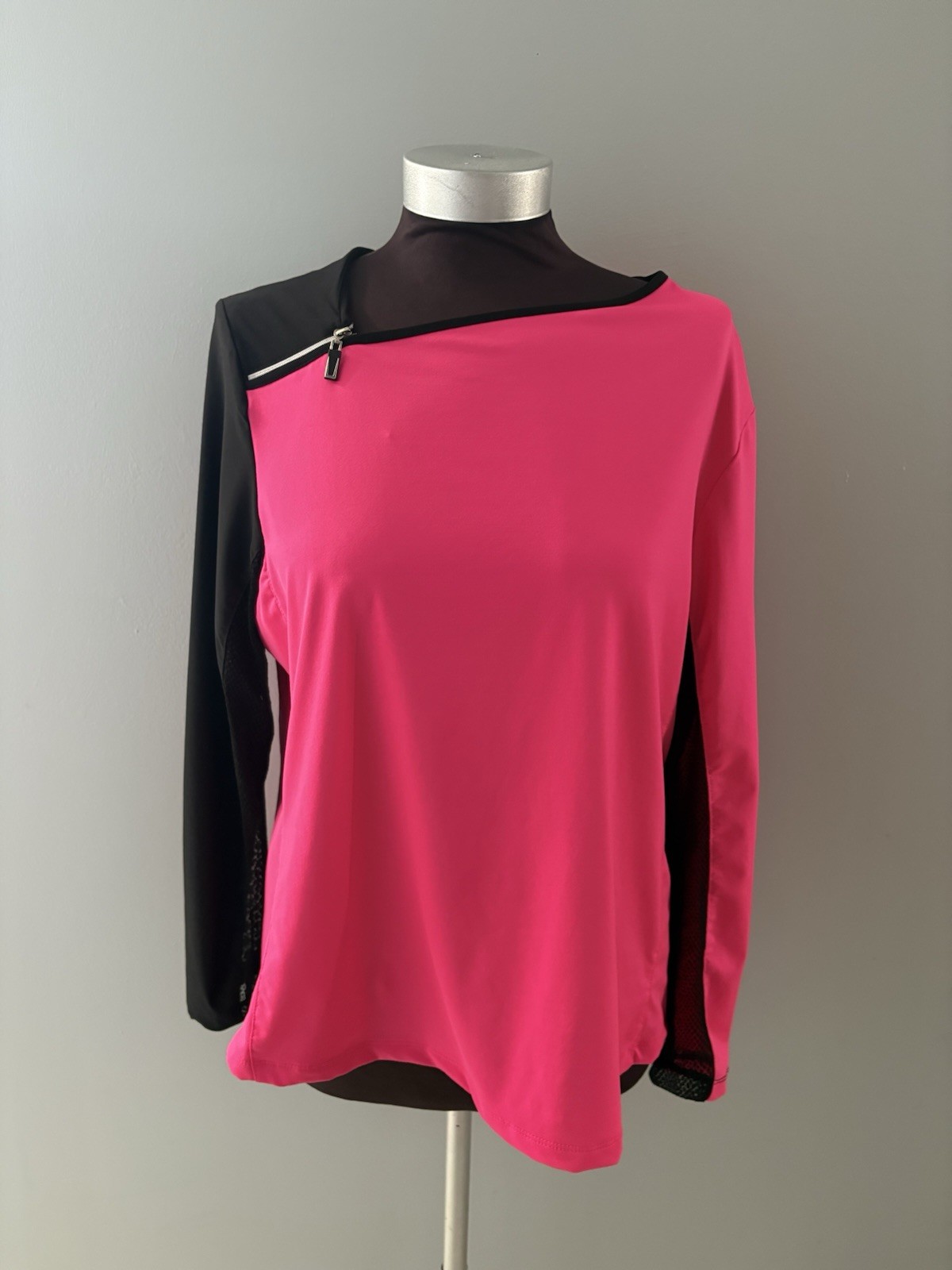 Jamie Sadock Shirt Size L Hot Pink & Black Color Block Zip Shoulder Golf Tennis