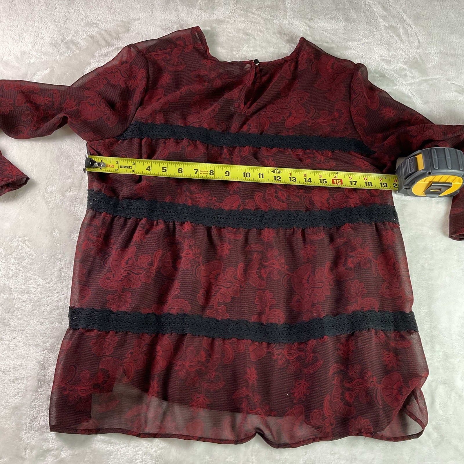 NWT GNW Black Red Floral Sheer Top SZ Large Flare Sleeve Dark Romantic Witchy
