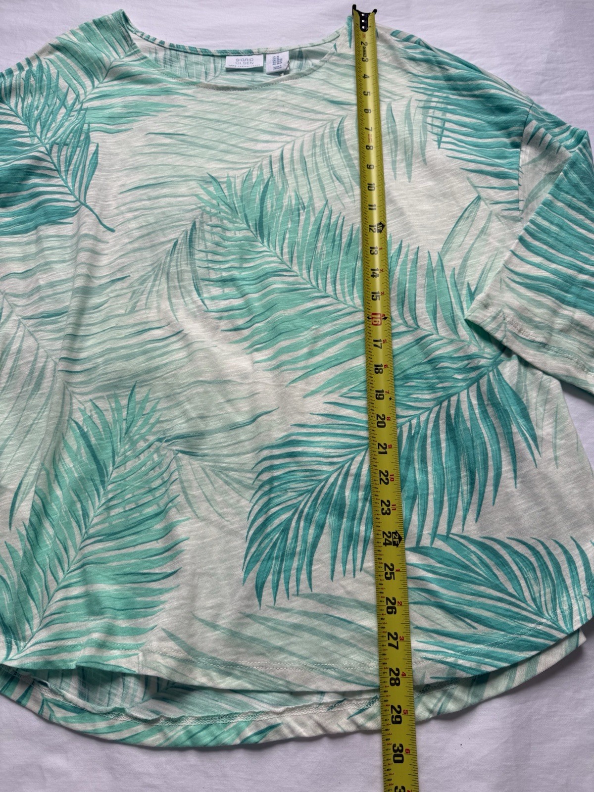Sigrid Olsen 100% Cotton 3X Green/White Tropical Crew Neck Short Sleeve Knit Top