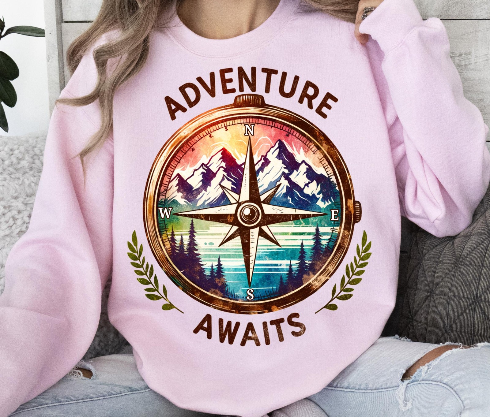 Adventure Awaits Compass T-Shirt Hiking Nature Mountains Travel Outdoor Tee Gift