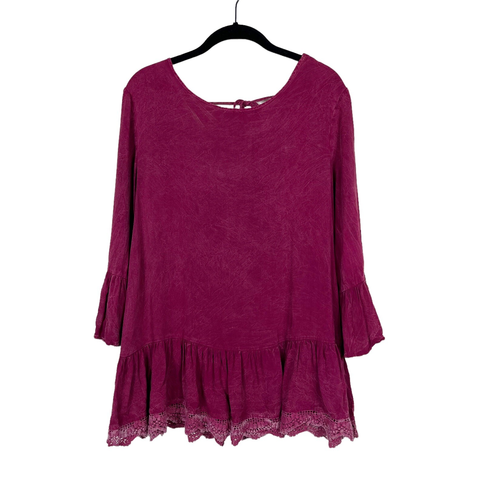 Altar’d State Top Women’s Size S Burgundy Tie Back Ruffle Hem Bell Sleeve Tunic