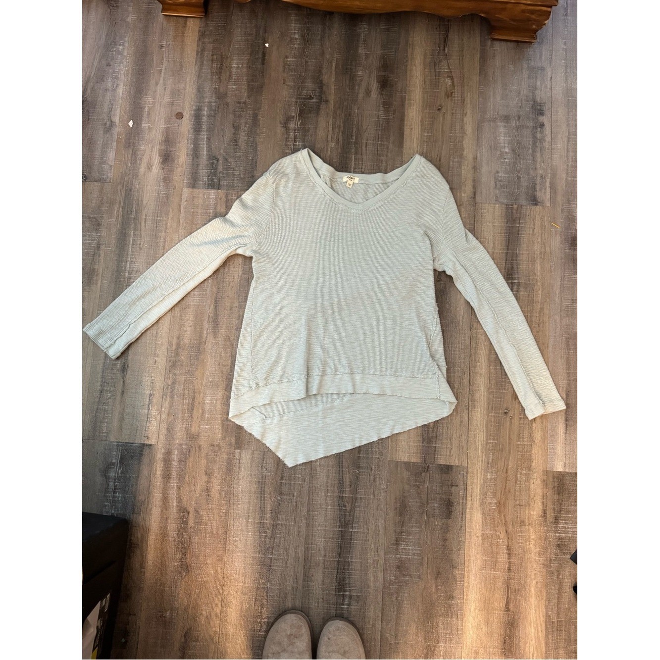 Dylan Waffle Knit Thermal Top Large Icy Blue V-Neck Hi Low Raw Hem