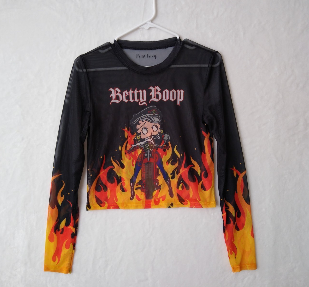 Betty Boop Flame Biker Cropped Top L Sheer Mesh Motorcycle Long Sleeve Black