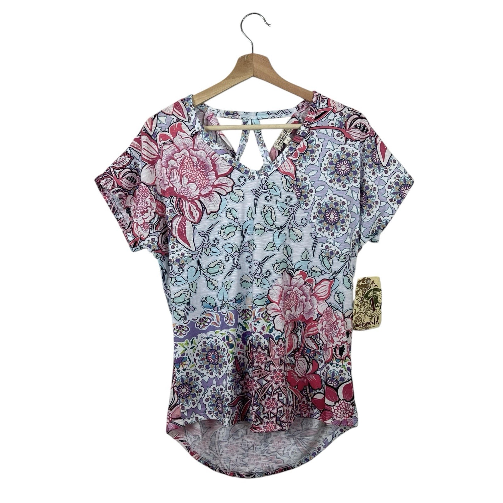 One World Tunic Top Blouse Size Small Draped Cowl Cut Out Back Hi Low Floral Tee