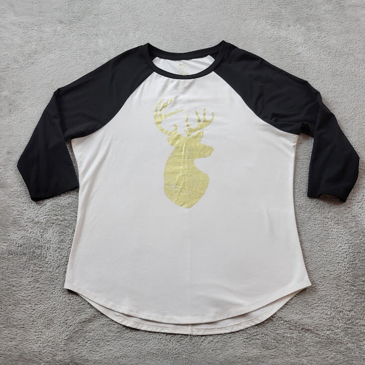 State Of Mine Shirt Womens White Raglan 3/4 Sleeve Golden Deer Casual