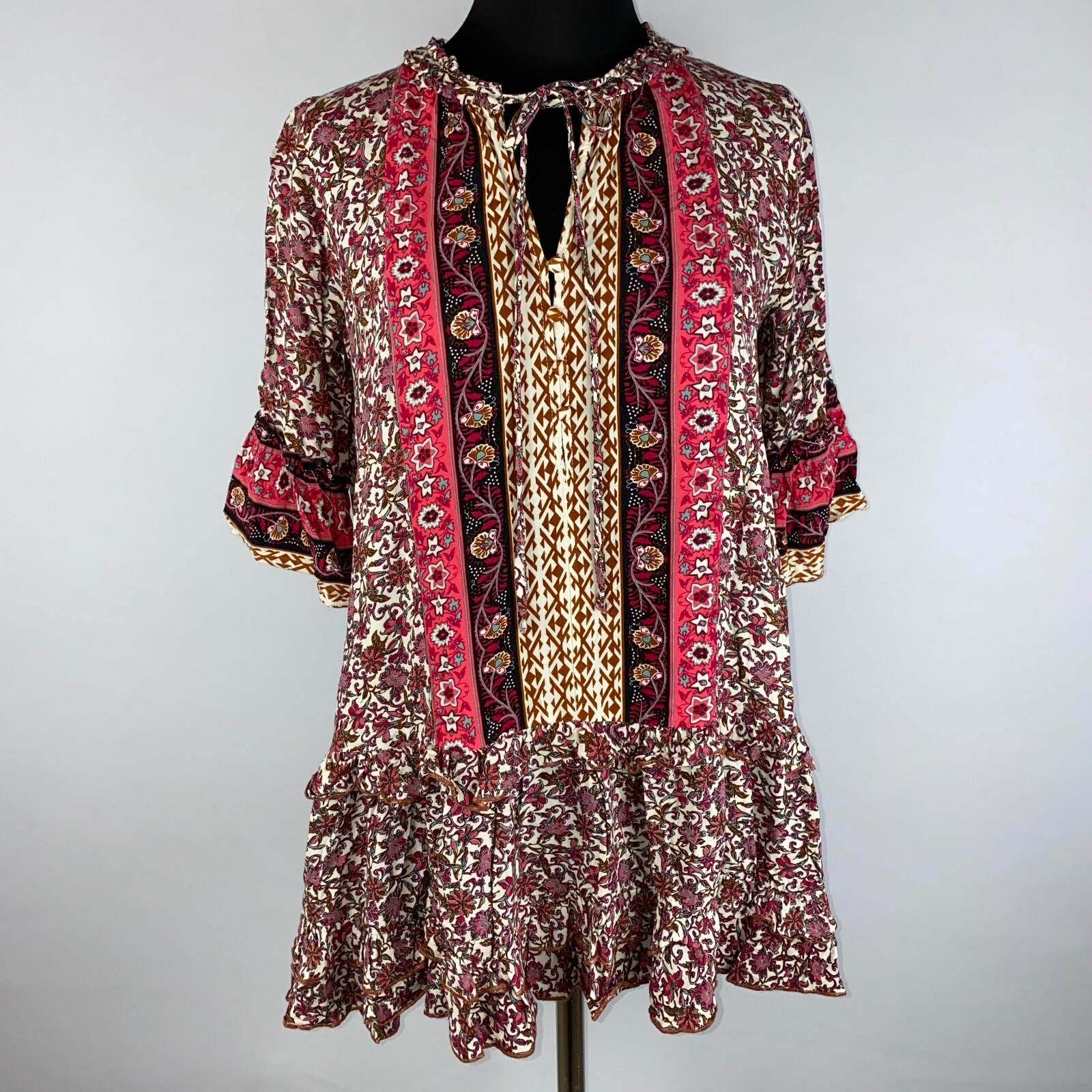 Umgee Womens S Patterned Tie V-Neck Partial Button Front Ruffle Tunic Top Boho