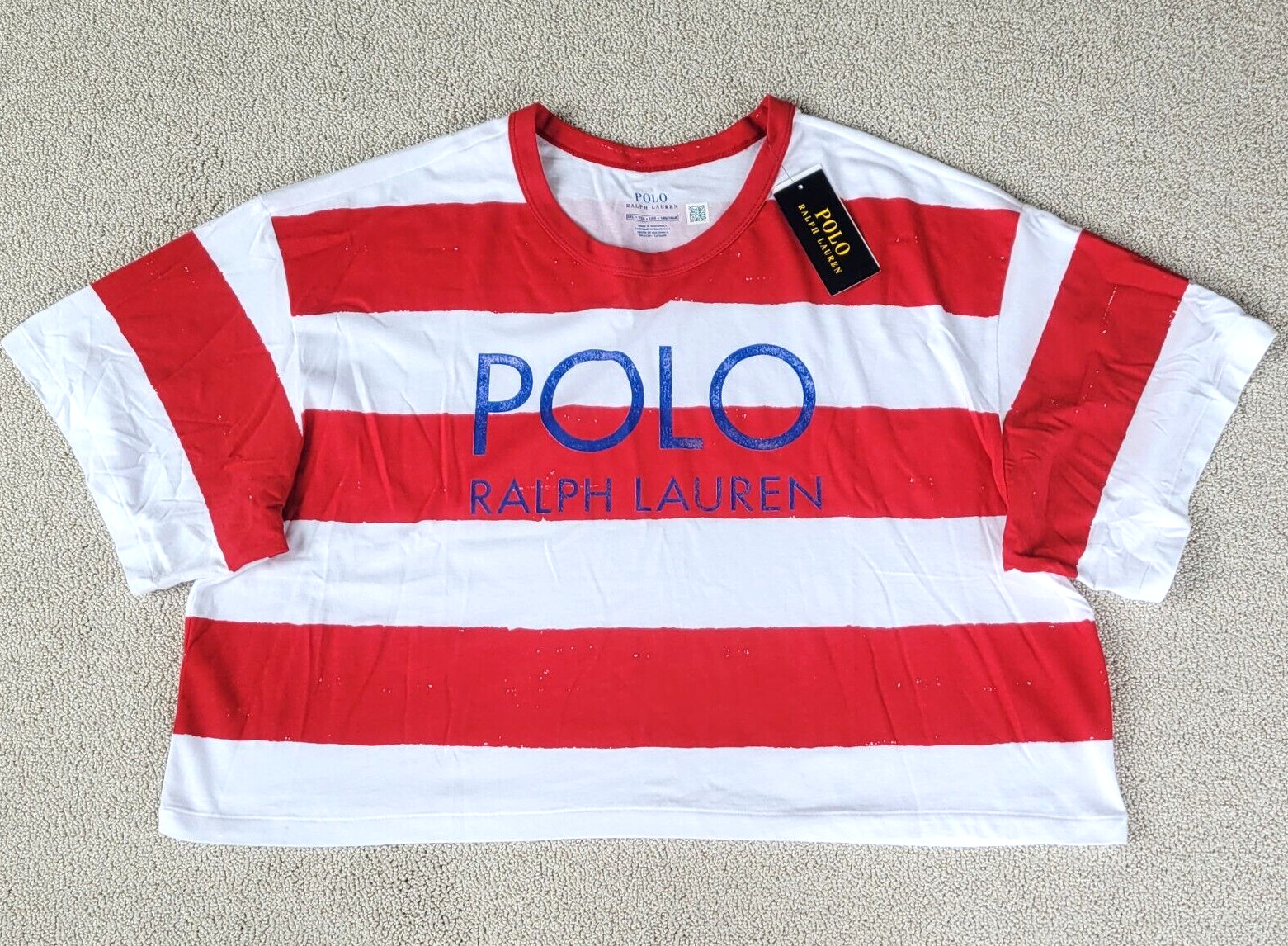 Polo Ralph Lauren Women Striped Color Block Tee Oversized Red/ White Top Small