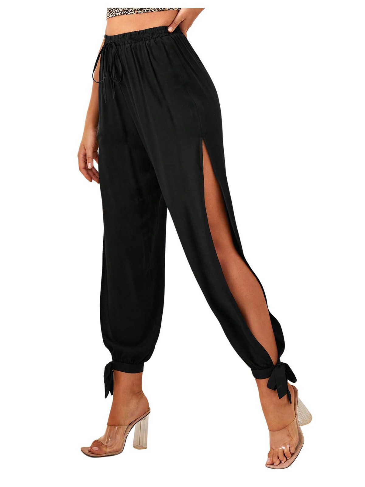Women’s High Waisted Slit Harem Pants Bow Tie Drawstring Cropped Trousers Bla…