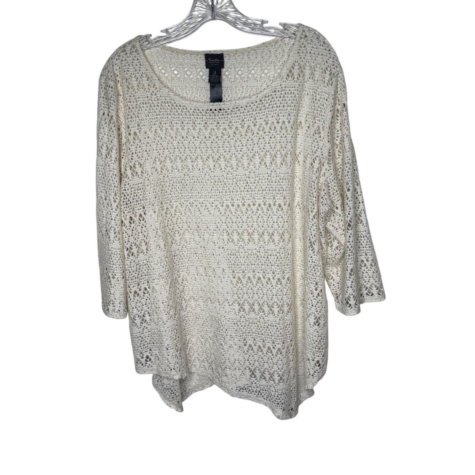 Chicos Travelers Collection Cream Crochet Lace Top Sheer Glitter Size 3 XL