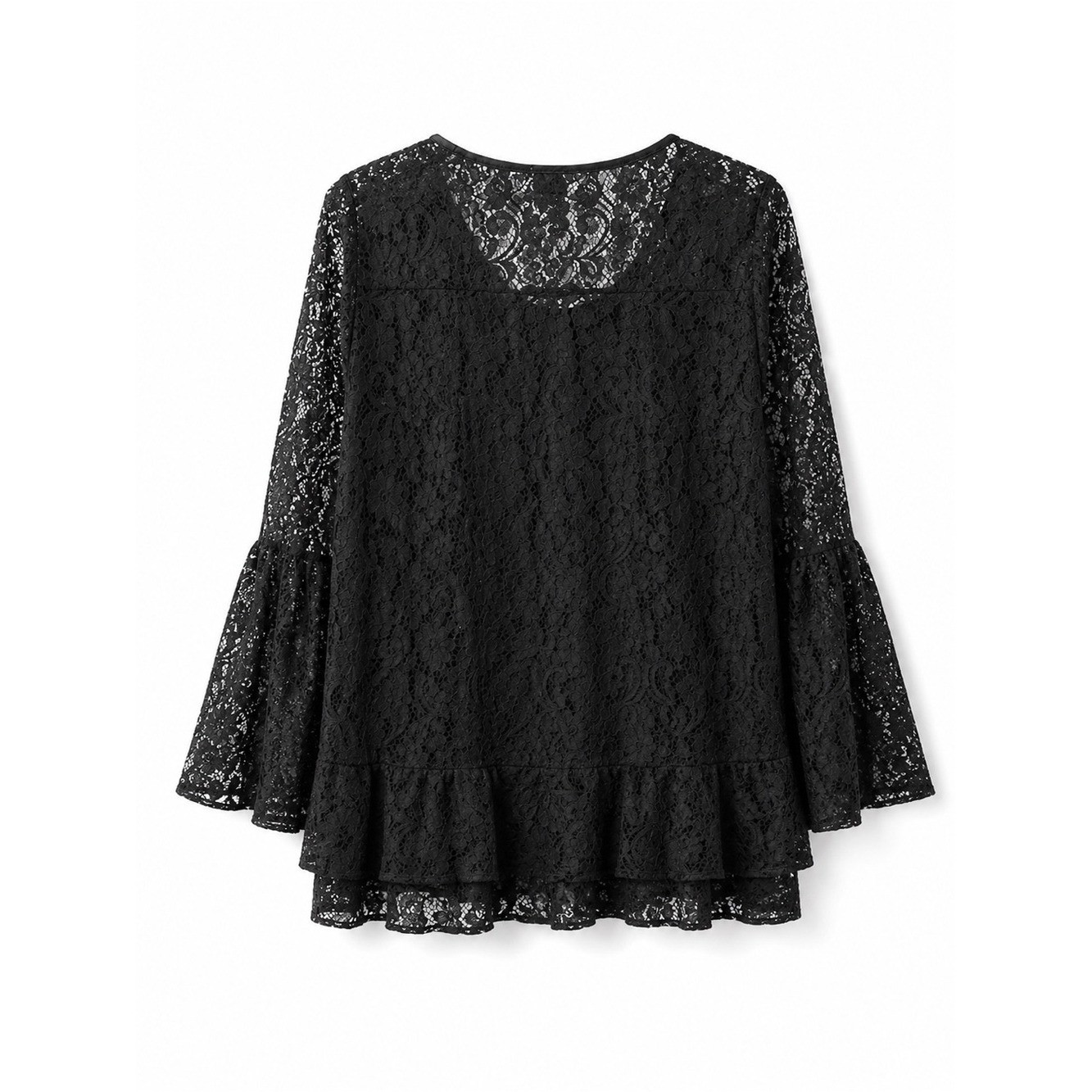 Umgee Black Lace Bell Sleeve Peplum Blouse Sheer Boho Romantic Women’s Size S