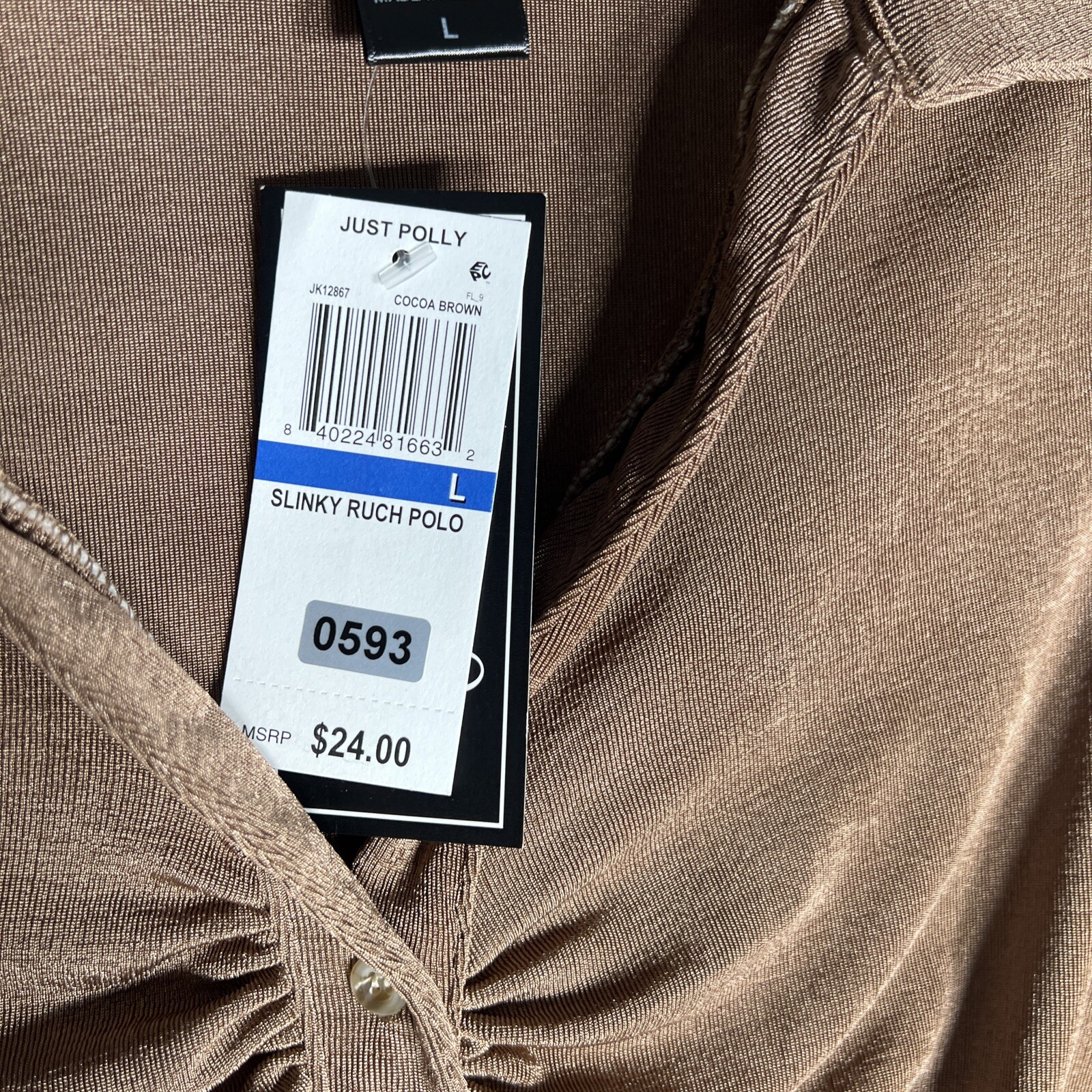 Just Polly Ruched-Front Polo Shirt Juniors’ M Cocoa Brown Collared Ribbed