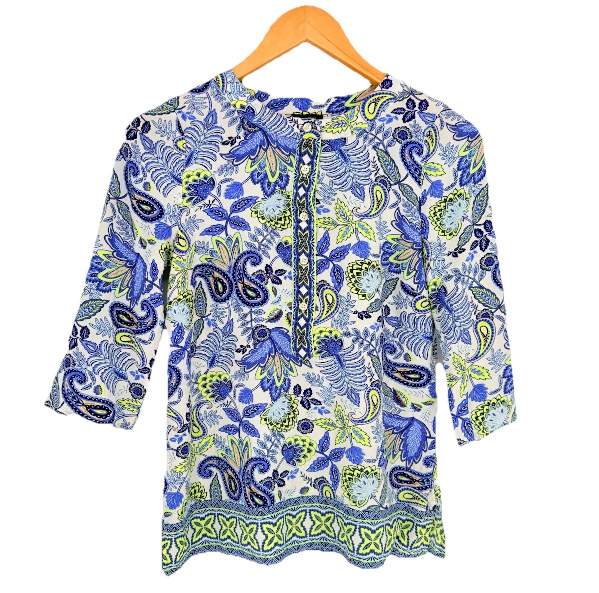 Talbots Viscose Paisley Tunic Top S Small Blue Lime Floral Boho Cottagecore