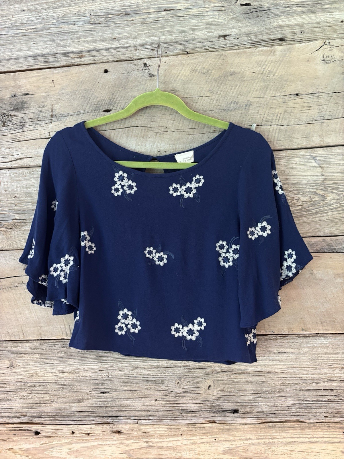 Caution To The Wind Navy Blue Embroidered Floral Cropped Blouse