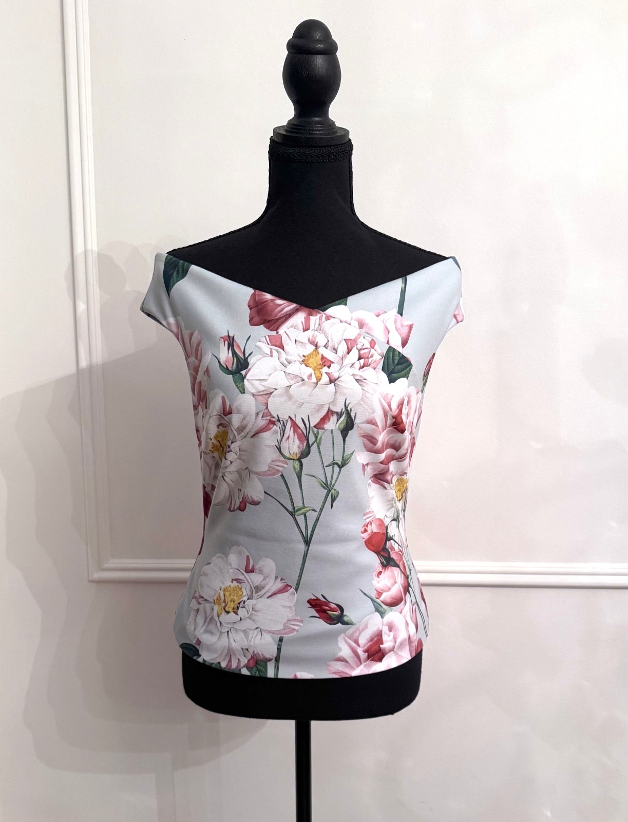 Ted Baker London 1 Small Floral Bardot Top Blue Off Shoulder NWOT Rose Gold Zip