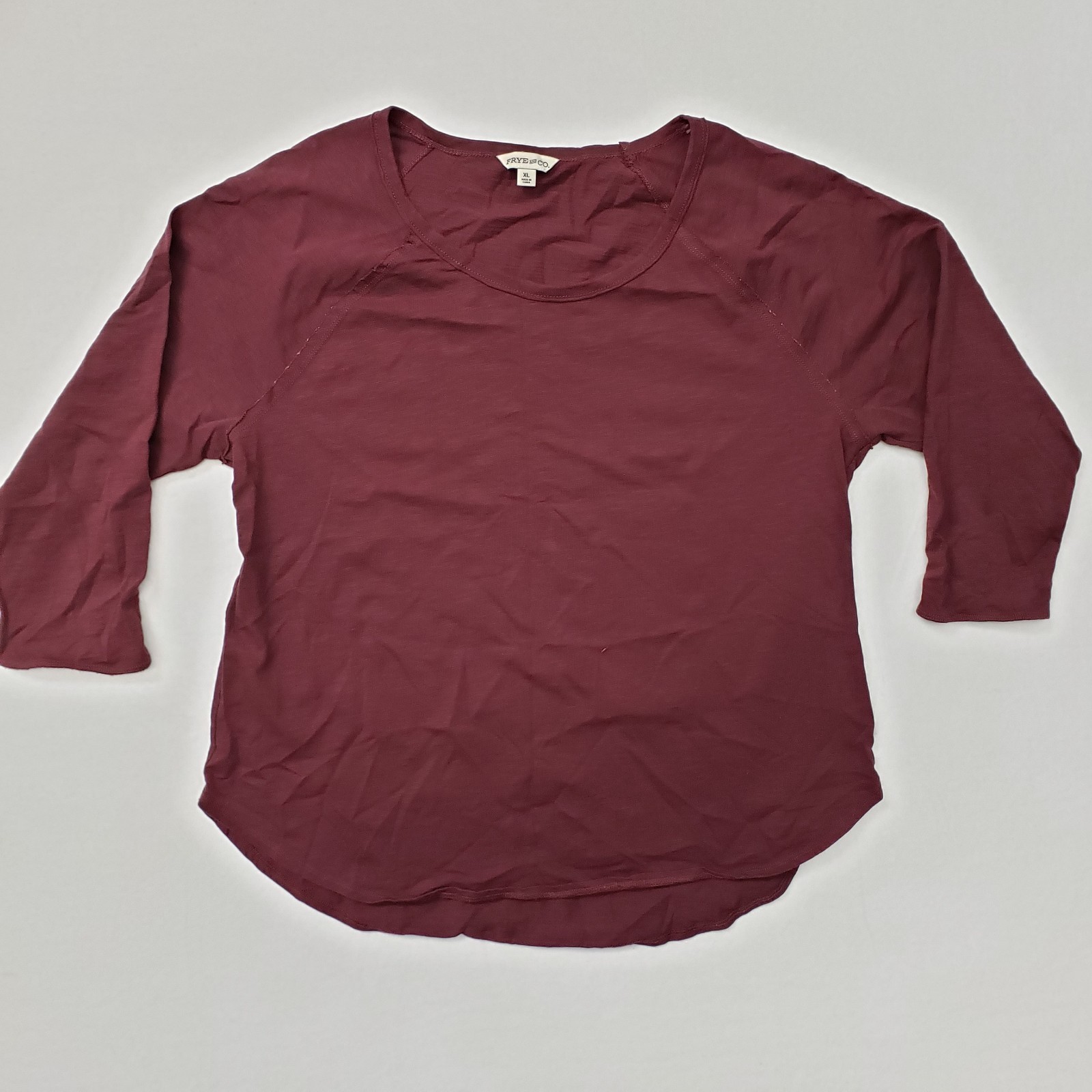 Frye And Co Women Shirt XL 3/4 Sleeve Raw Edges Cotton Tunic Tee Maroon Burgandy