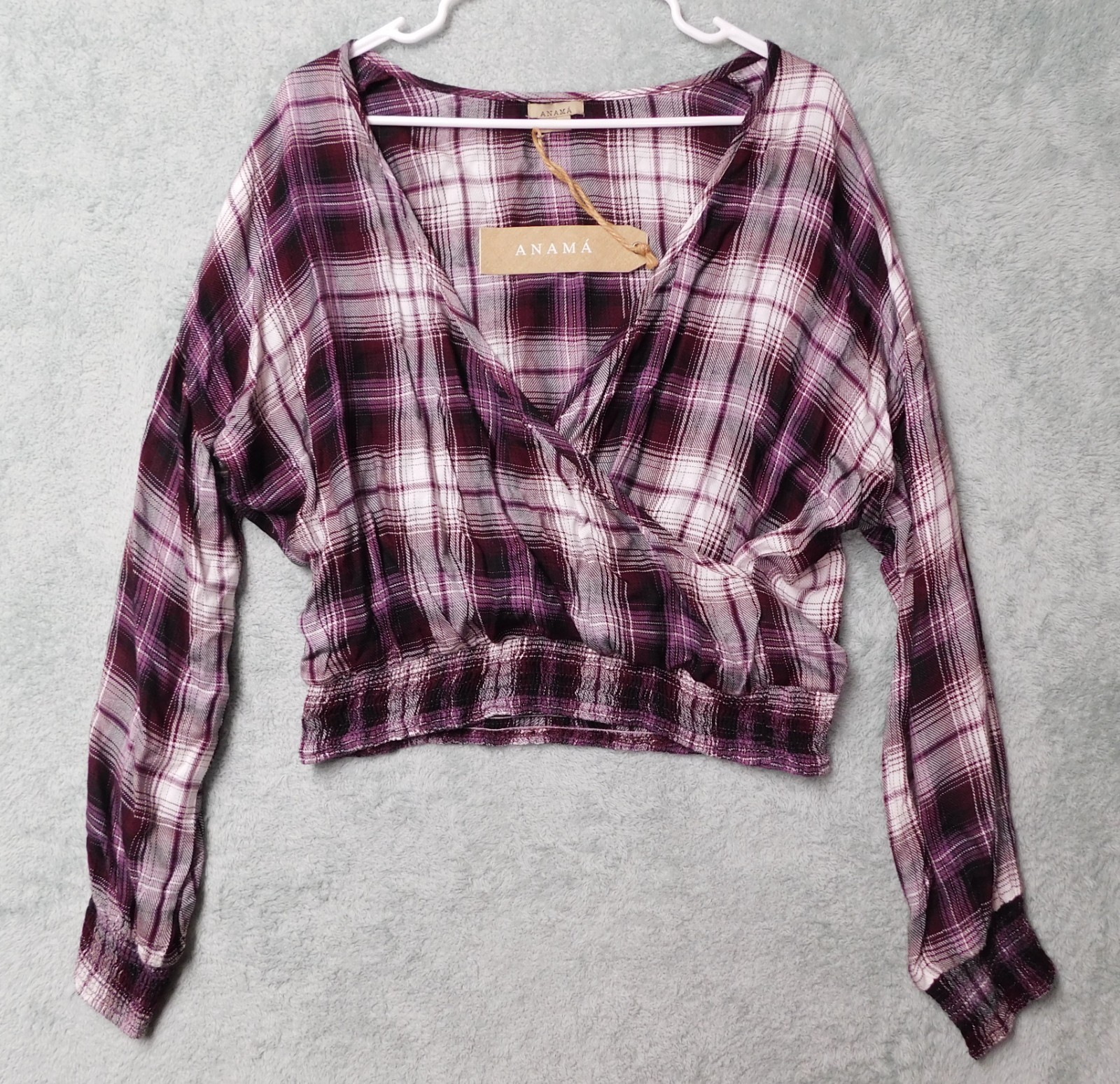 NWT Anama Anthroplogie Wrap Pullover Berry Plaid Medium Maroon Purple White Boho