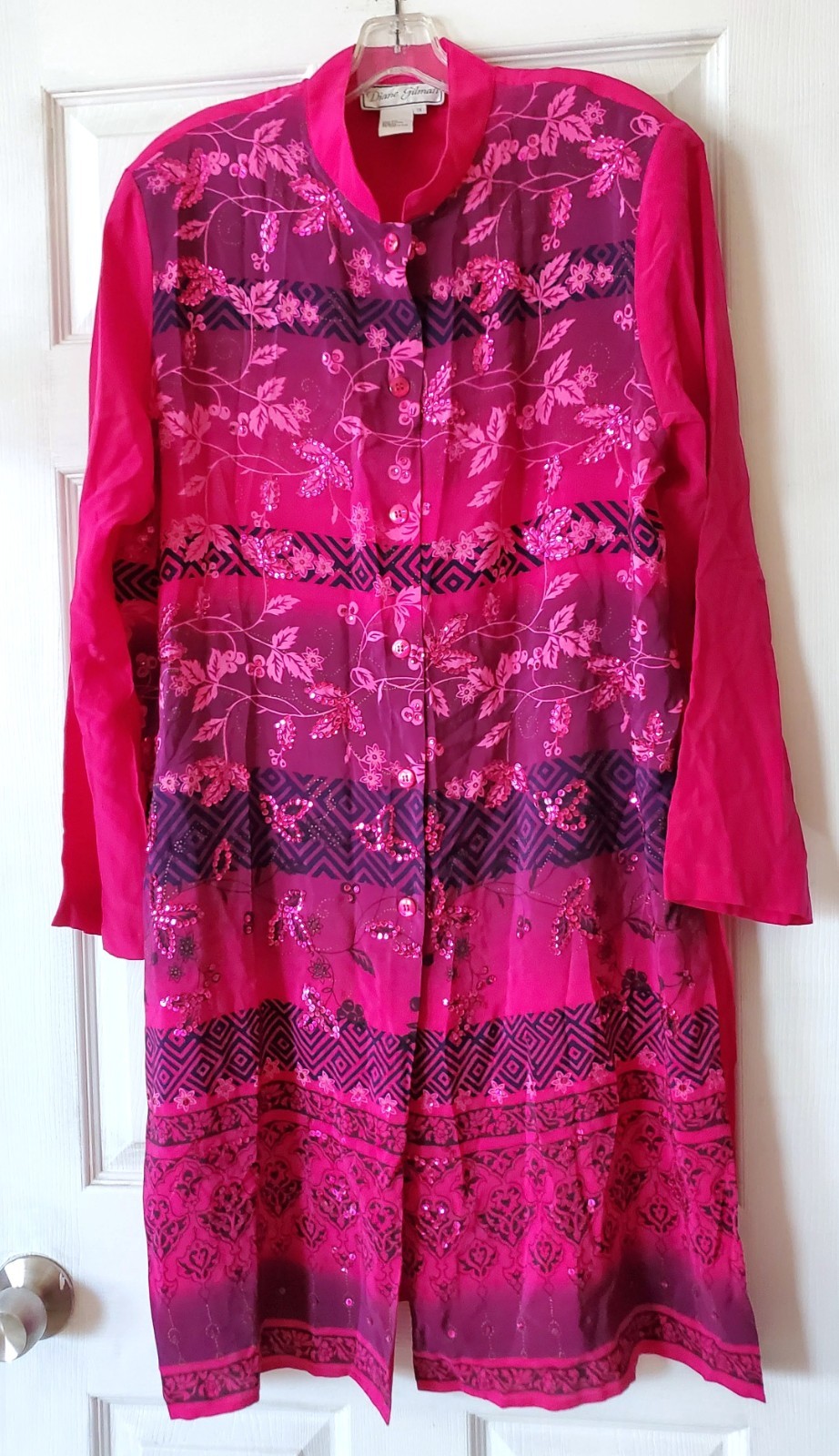 VINTAGE DIANE GILMAN LONG TUNIC DRESS ROBE SILK SEQUIN FUCSIA PURPLE 1X NWOT