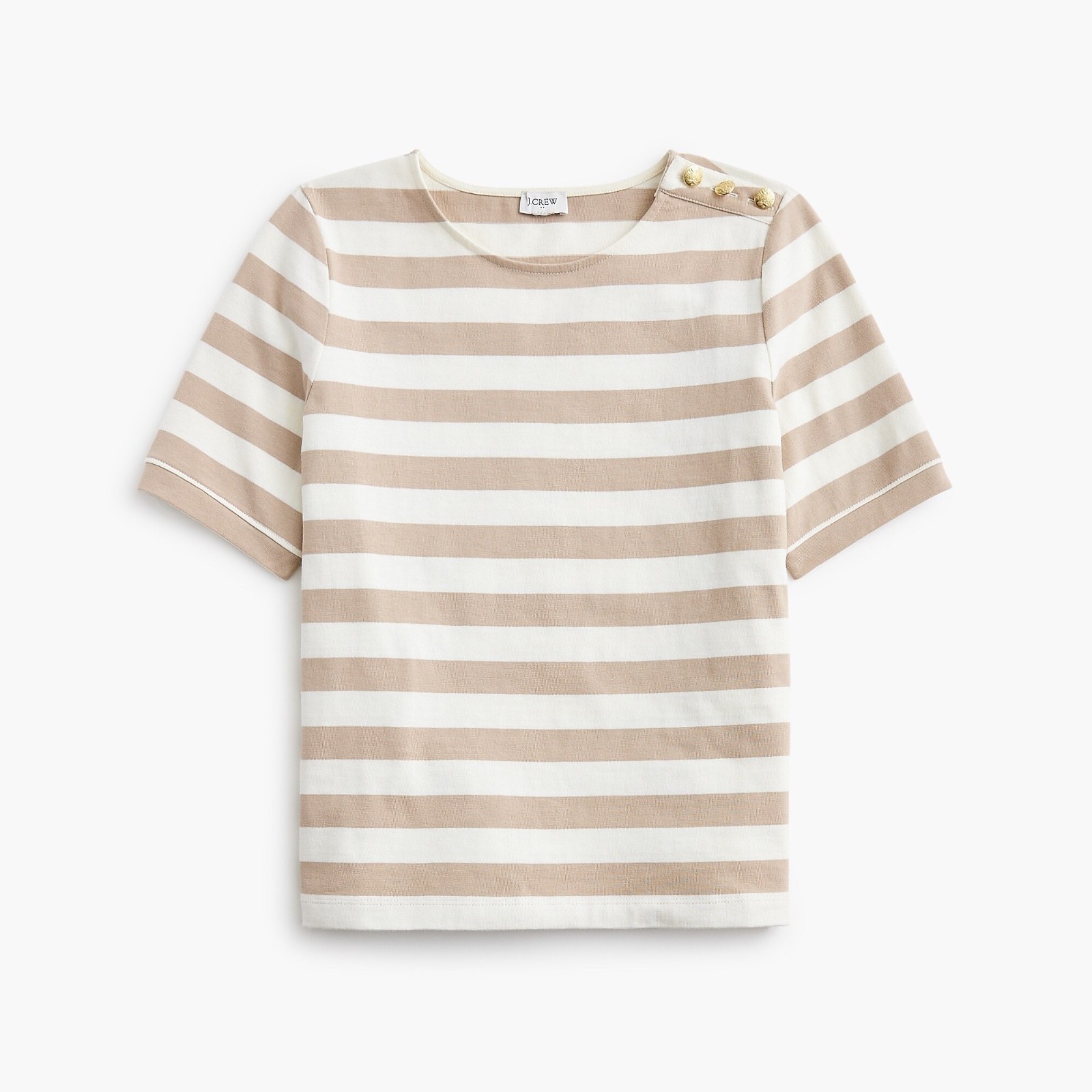 New JCREW Sz M Short Sleeve Striped Button-Shoulder Tee Vintage Sandstone Ivory