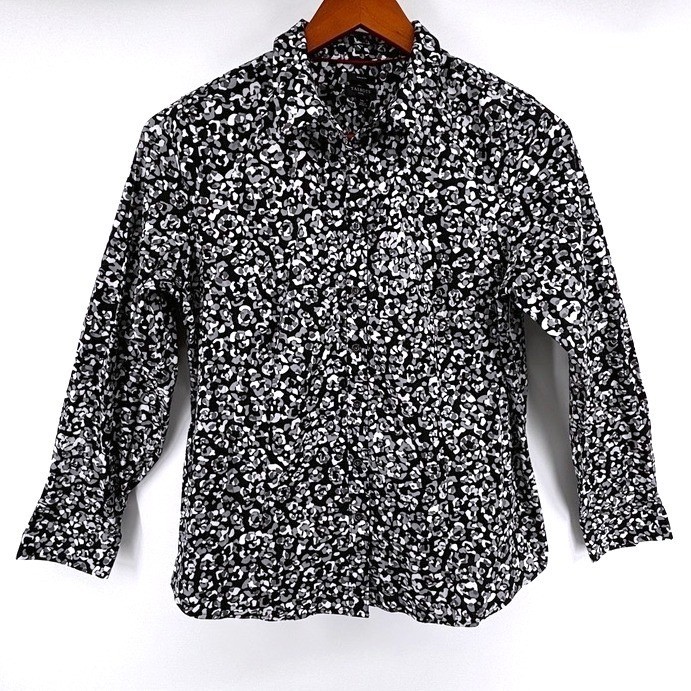 Talbots Petite No-Iron Shirt Sz 14P Black Gray Abstract Print Stretch Cotton