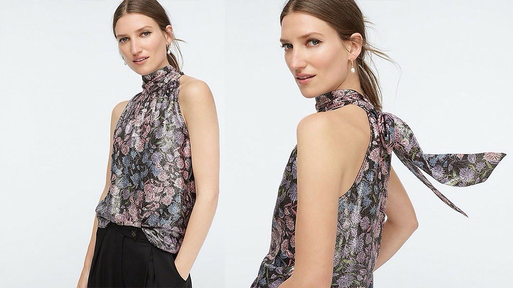 J. Crew Collection Bow Tie Neck Top in Metallic Shimmer Floral Jacquard XL