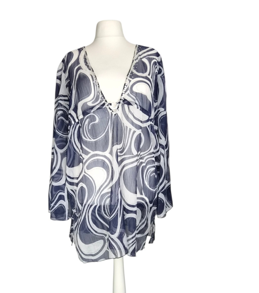 F&F Navy Blue White Sheer Chiffon Beaded Beach Tunic Kaftan Cover Up XL 20/22 UK