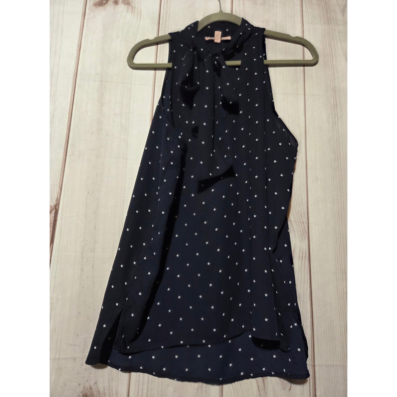 Philosophy Republic Clothing Navy Blue Star Print Chiffon Tie Neck Blouse Medium