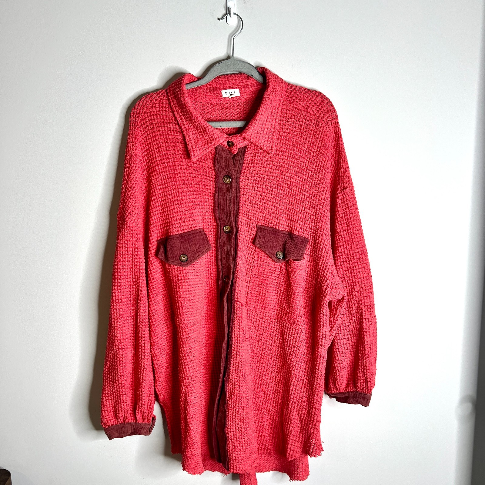 POL Pink Maroon Waffle Knit Oversized Slouchy Button Down Boho Thermal Sz M
