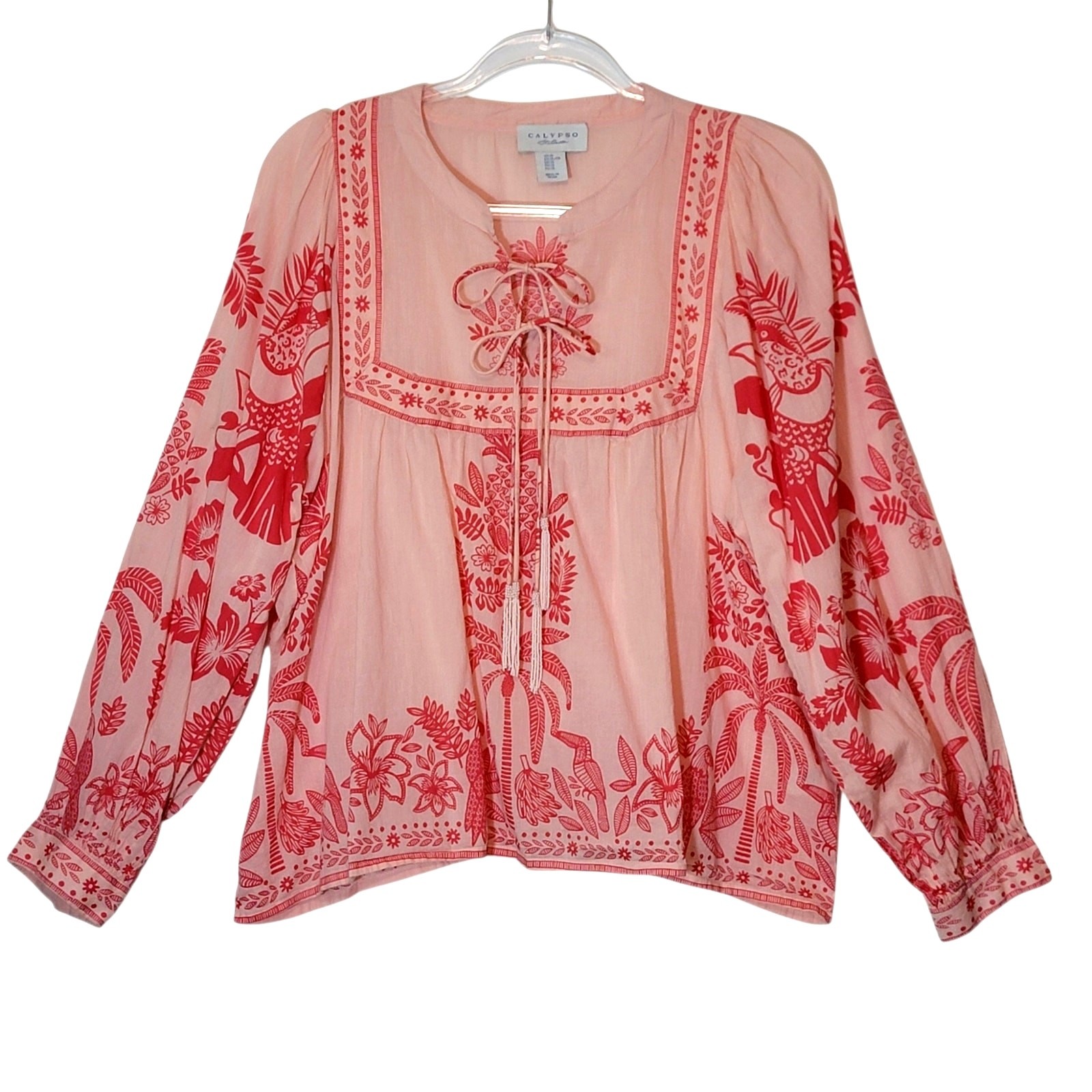 Calypso St. Barth Tropical Floral Top Pink Coral Long Sleeve Cotton Resort XL
