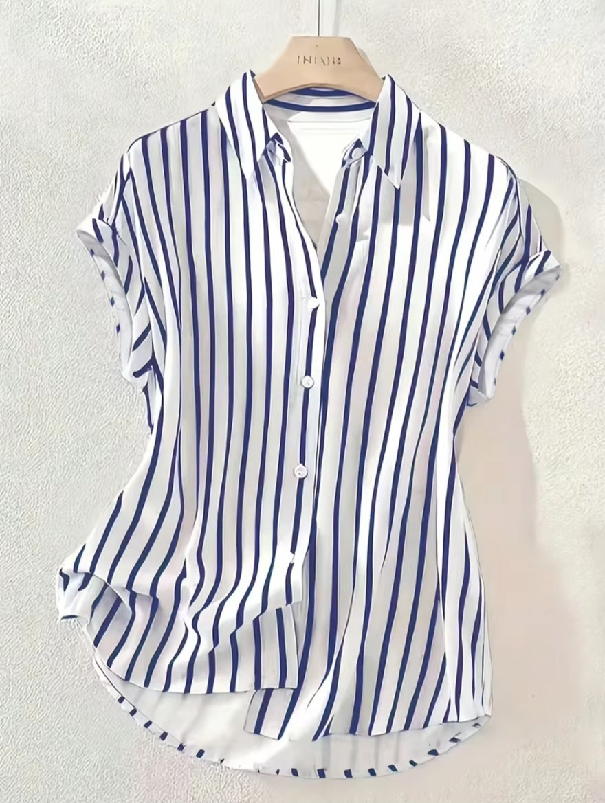 Women’s Striped Button Down Blouse Short Sleeve Collared Casual Office Shirt