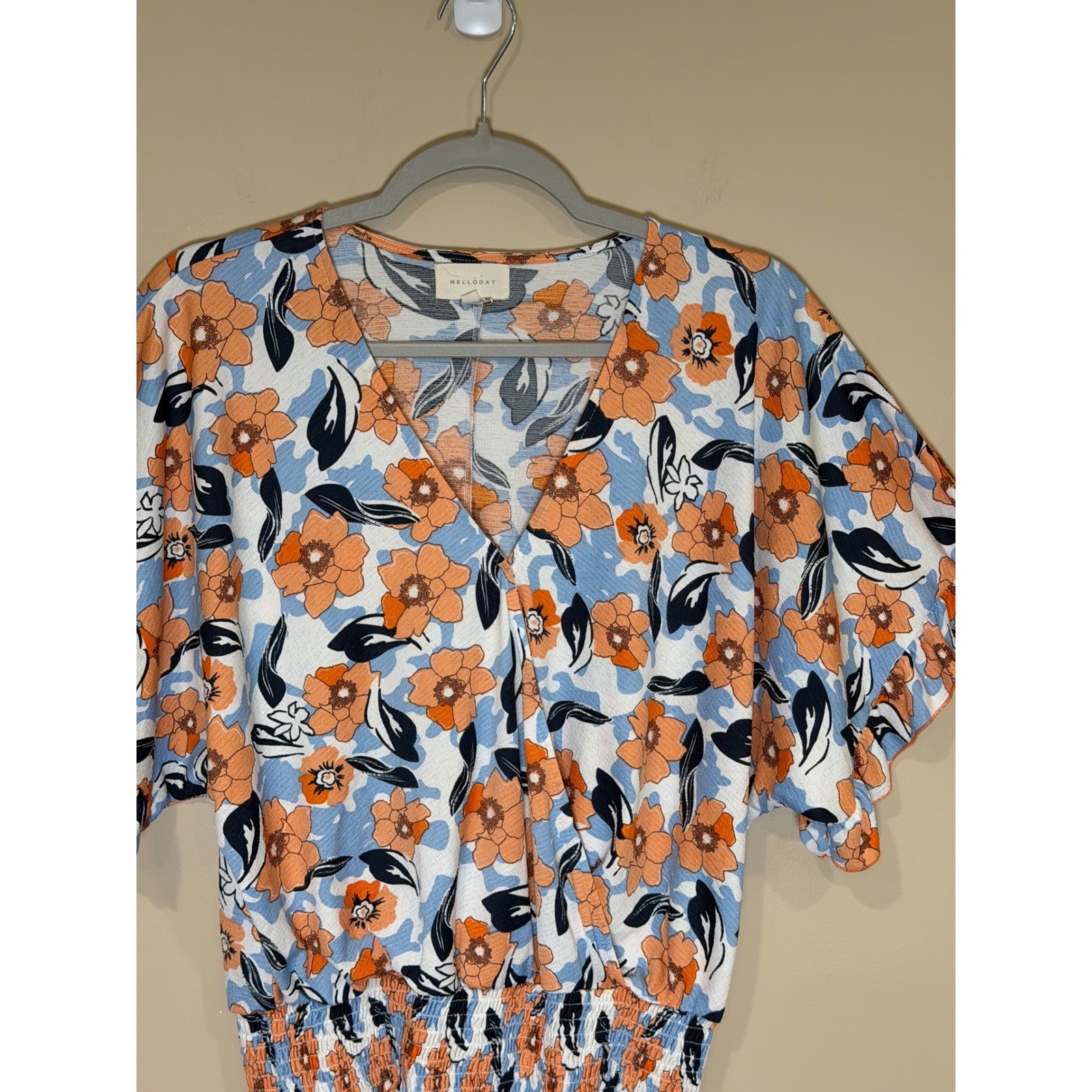 Melloday Womens Floral Smocked Waist Top Blue Orange Large Boho Spring Casual