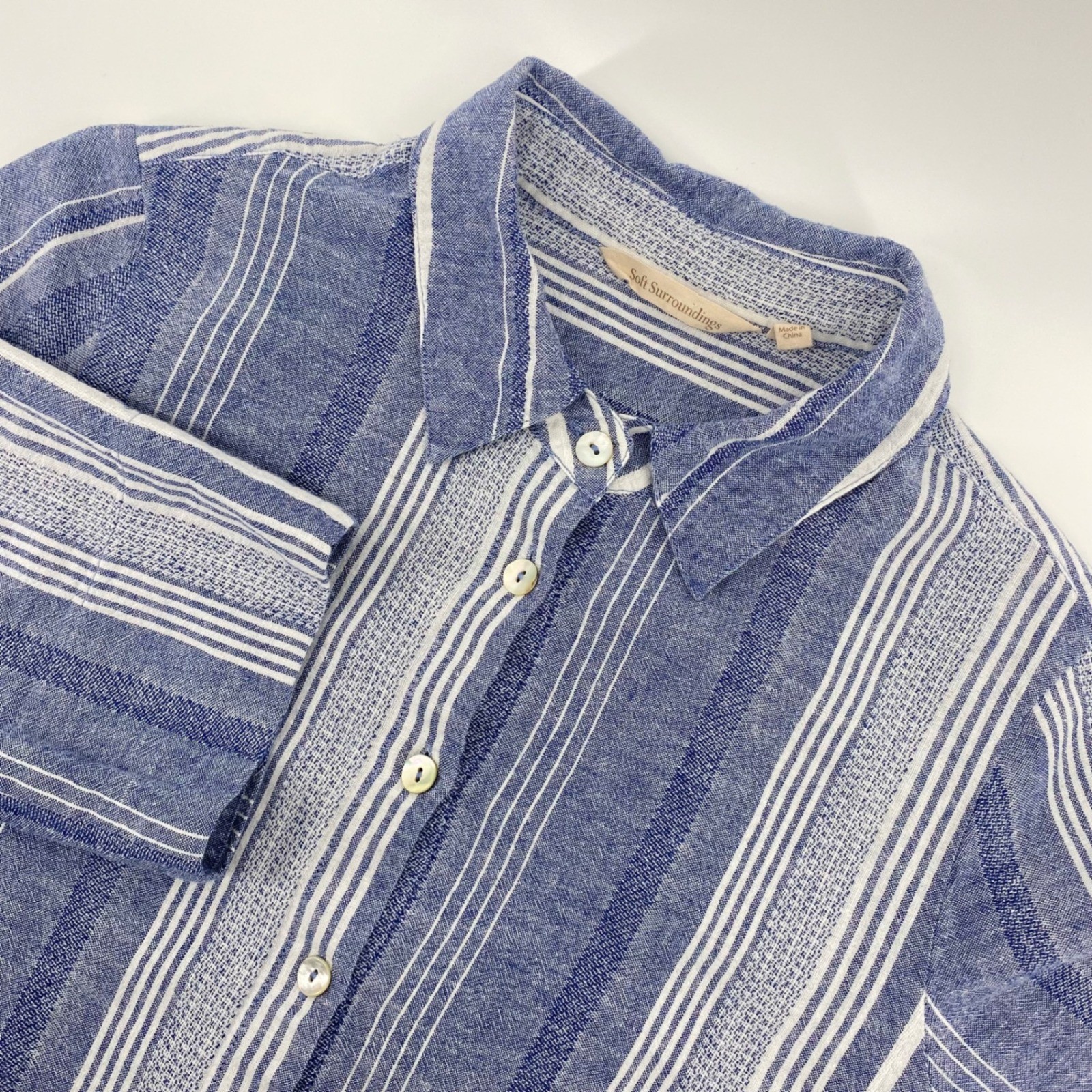Soft Surroundings Button Down Women S Blue White Linen Blend Striped 3/4 Sleeve