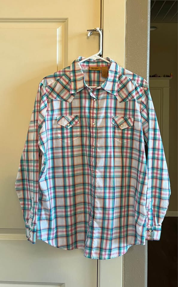 Women’s XL Wrangler Blue Green White Brown Pink Pearl Button Down Plaid Shirt