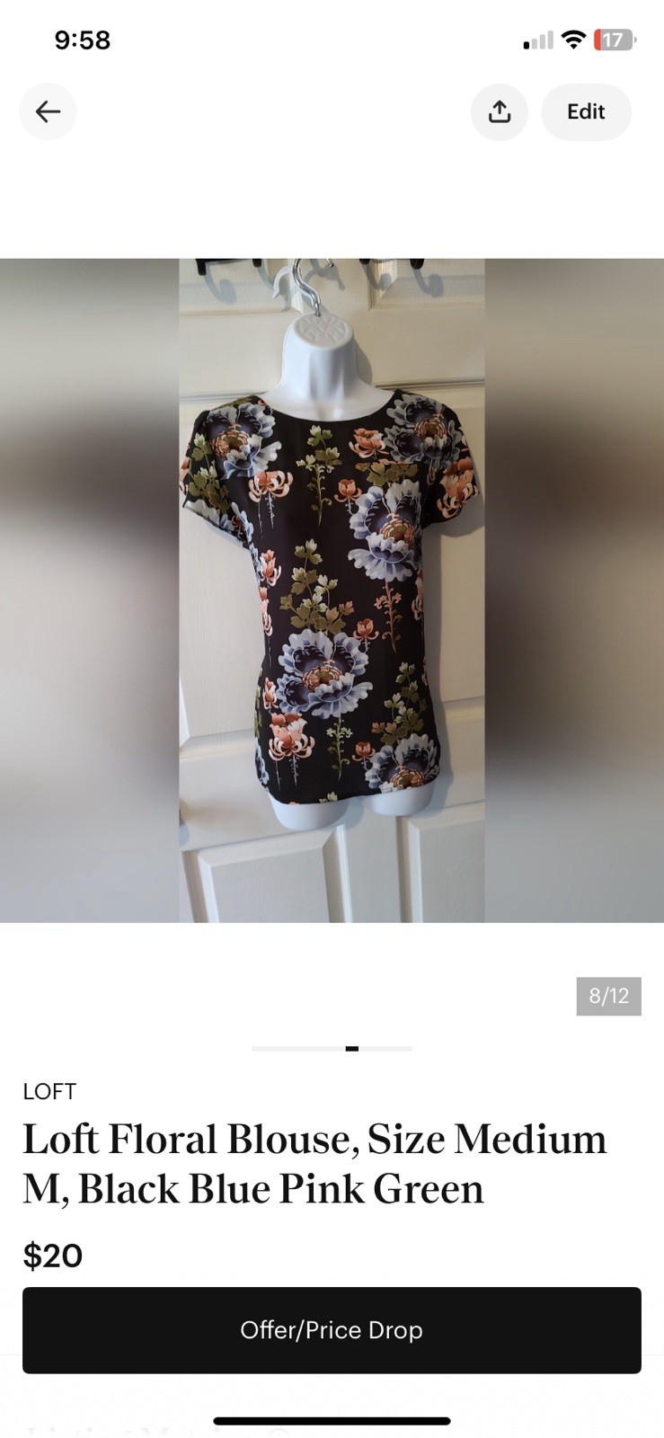 LOFT Floral Chiffon Scoop Neck Keyhole Cap Sleeve Blouse, M, Black/Blue