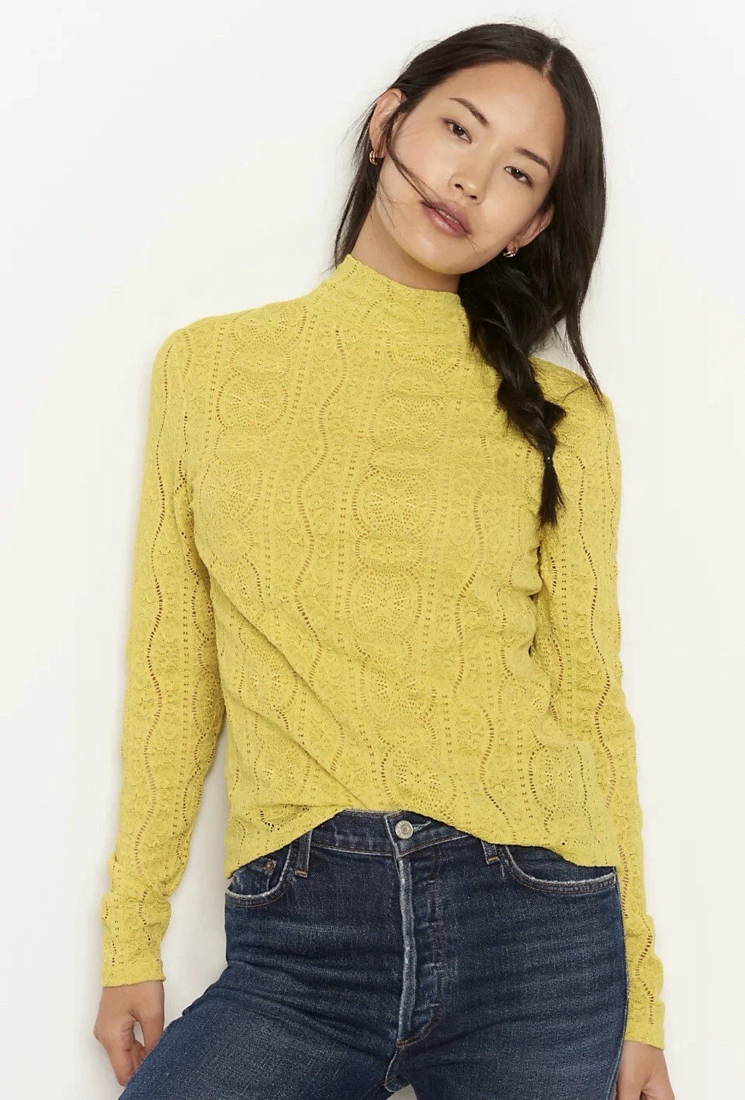 ANTHROPOLOGIE Daily Practice Yellow Stretch Lace Mock Neck Top Size S NWOT $68