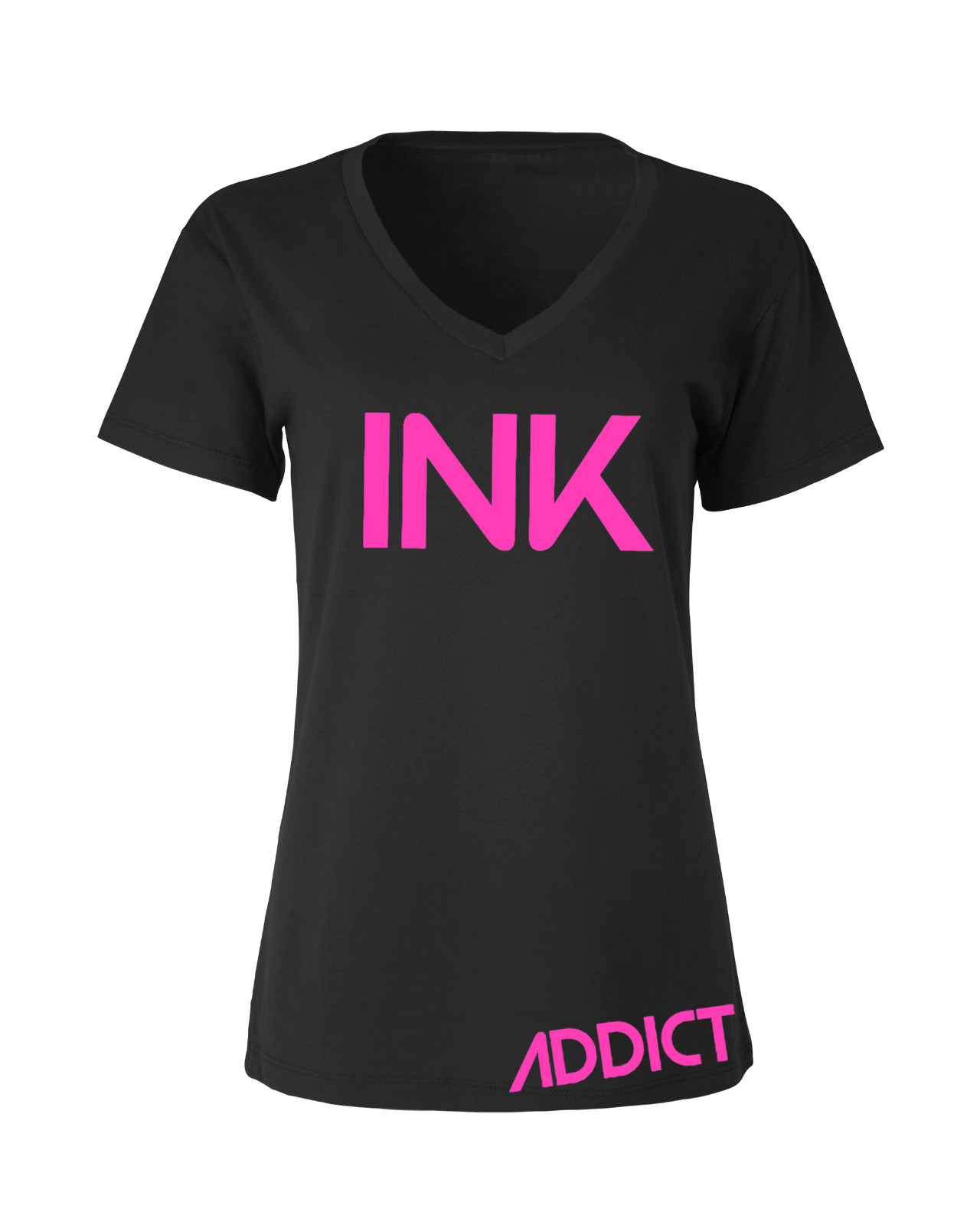 NEW InkAddict WOMENS INK SLIM FIT V-NECK Tee Shirt BLACK/PINK SMALL-3XL TATTOO