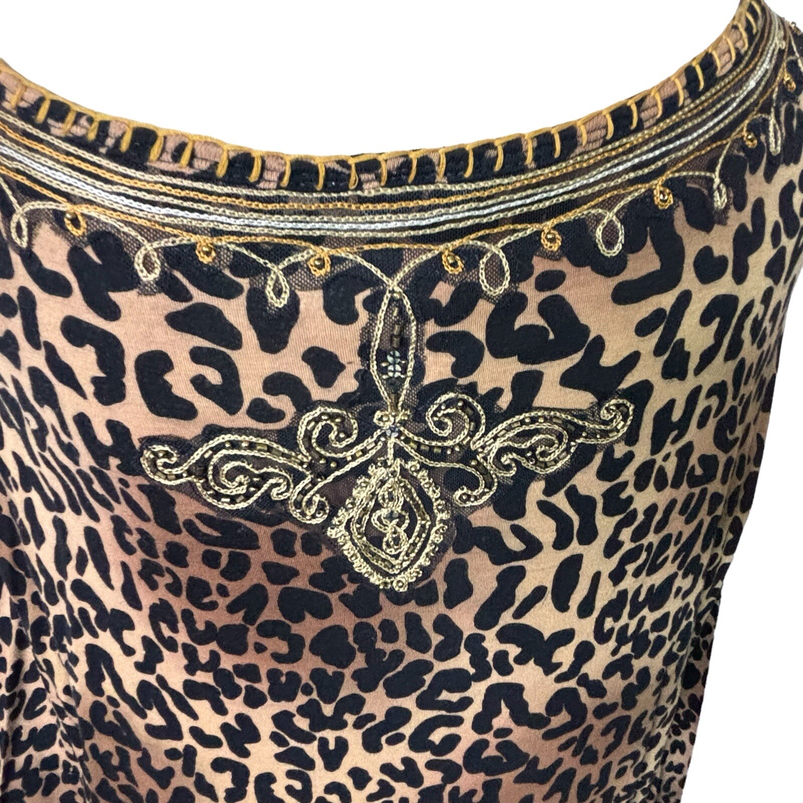 Krista Lee Blouse Womens Large Animal Print Beaded Fringe Hippi Boho Cowgirl