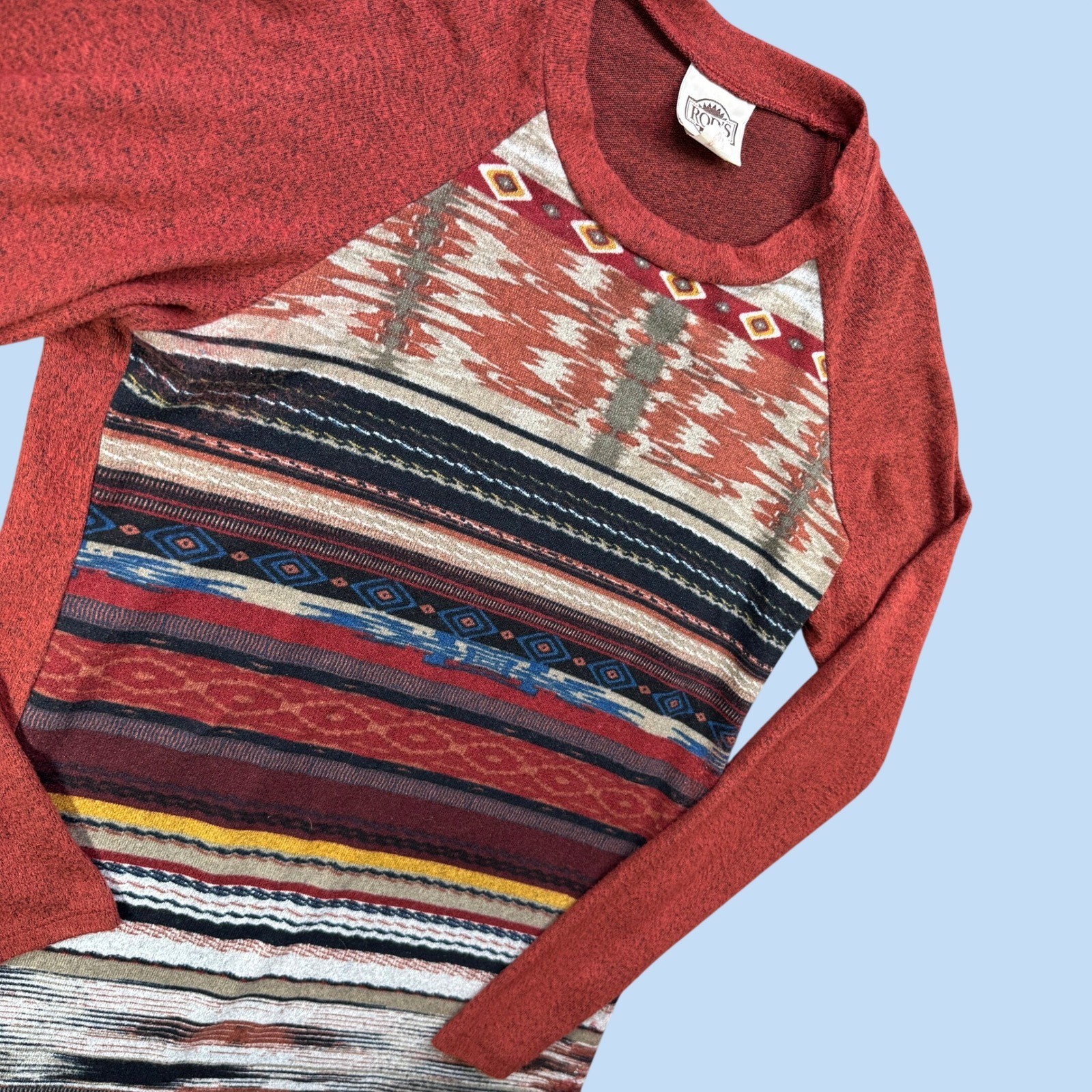 Vintage Rod’s Western Top Woman S Red Southwestern Aztec Raglan Long Shirt