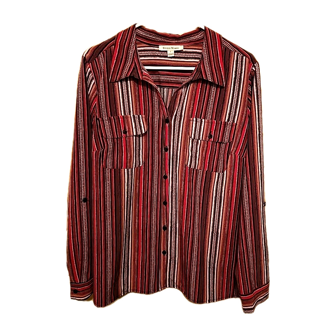 Studio Works Shirt Large Roll Tab Long Sleeve Collar Neck Button Up Pockets