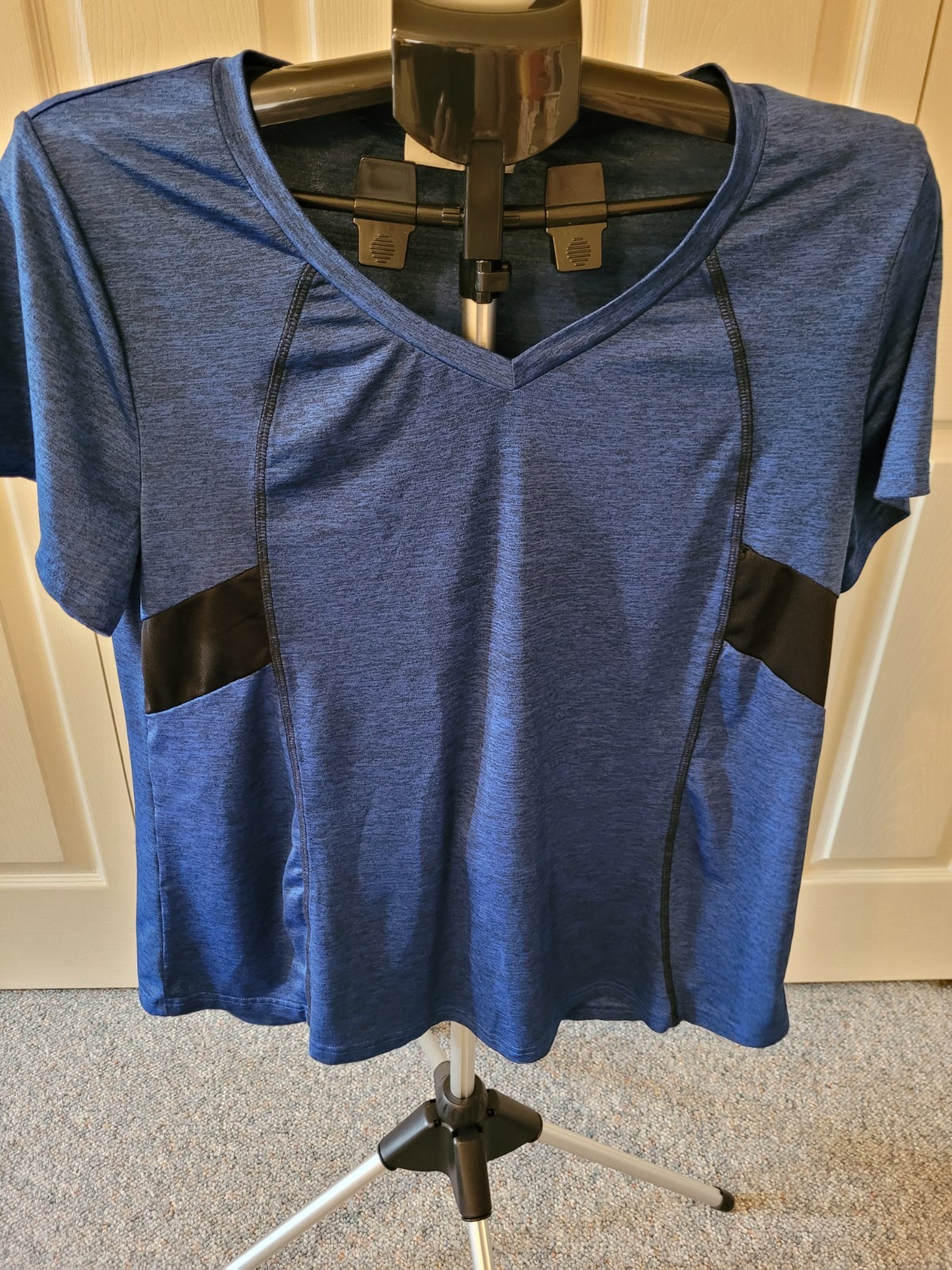 V-Neck Short Sleeve Solid Blue with BLack Accents Sporty T-Shirt – XL