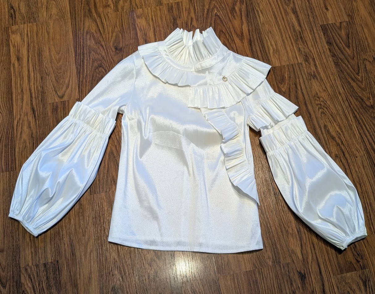 AYHAN of TURKIYE pearly shimmer structured ruffle blouse avant garde top S 3C