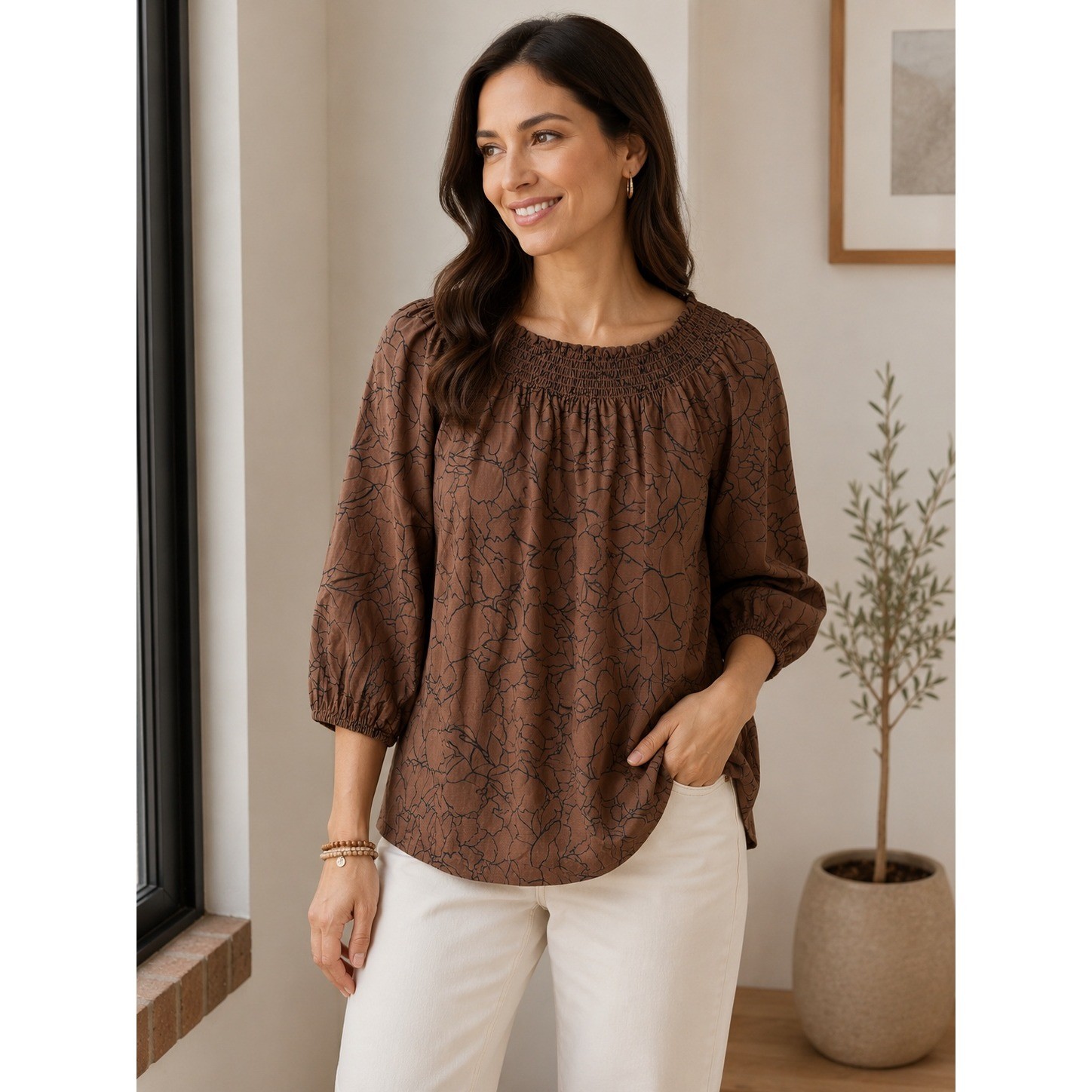 J. Jill Womens Brown Floral Smocked Neck Pima Cotton Tencel Blouse Large Top
