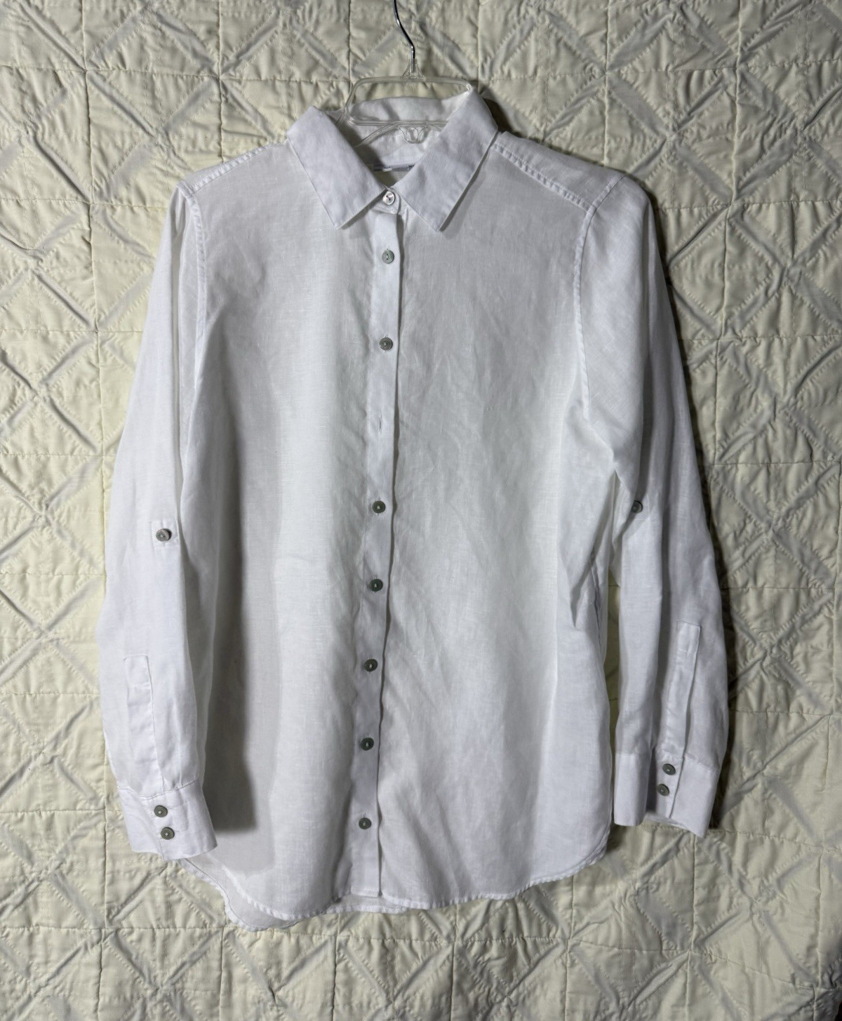 Chico’s White Linen Button-Up Shirt Size 0 US 4 Roll Tab Sleeves Classic Coastal