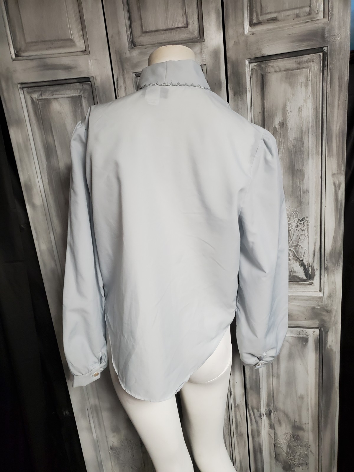 Vtg M-L 70s 80s Ruffle Secretary Blouse Shirt Semi Sheer Embroidered Pussy Bow