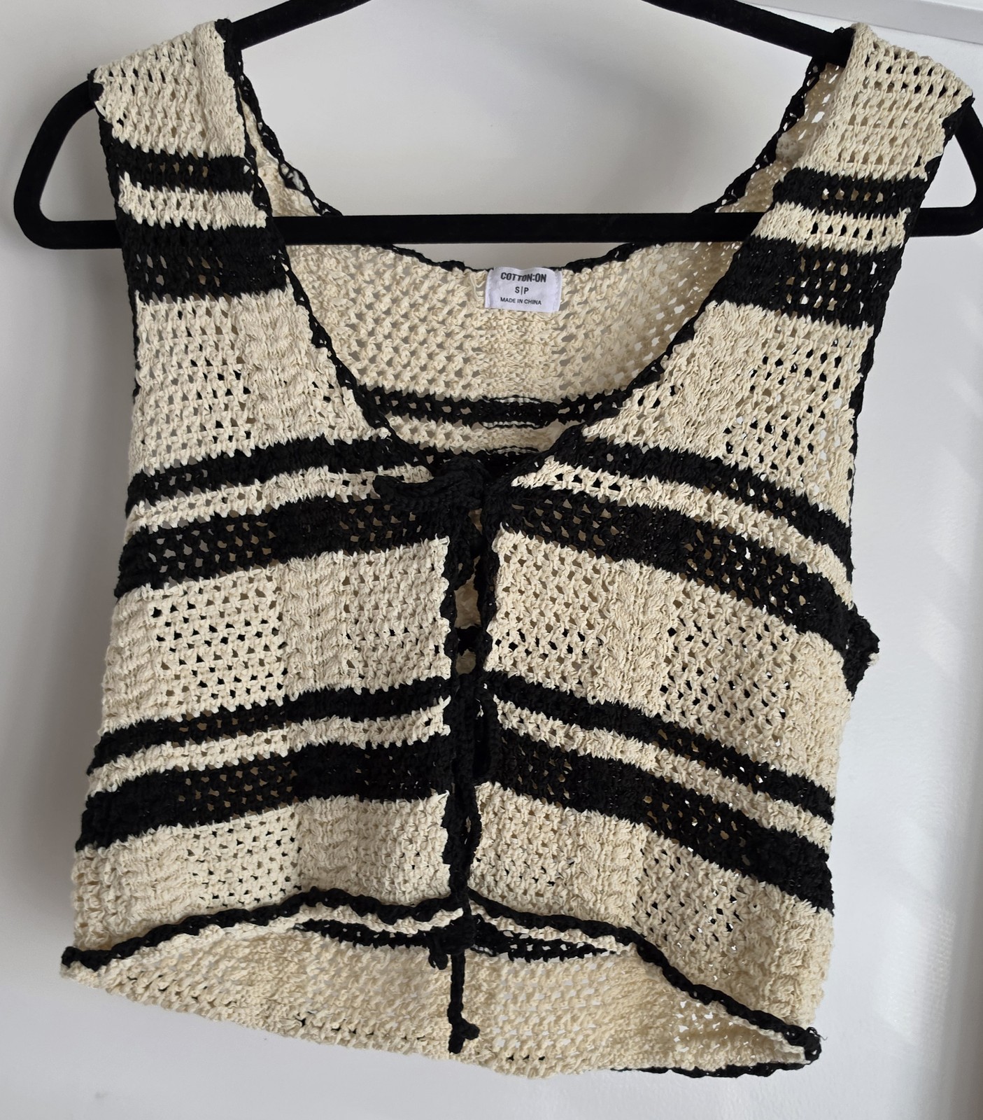 Cotton On Women’s Sleeveless Striped Crochet Front Tie Cropped Top S Cream Black