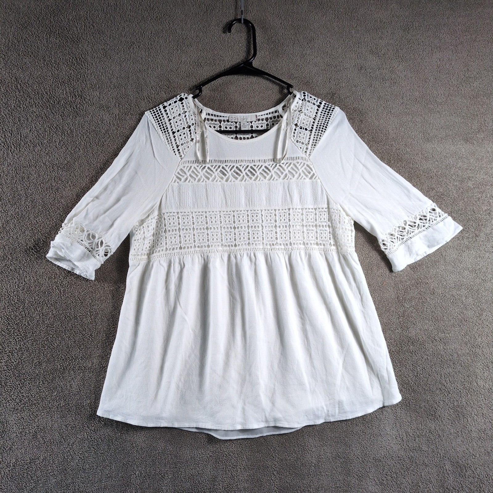 Pale Sky Crochet Lace Trimmed Gauze Top Blouse White Size M Peasant Top