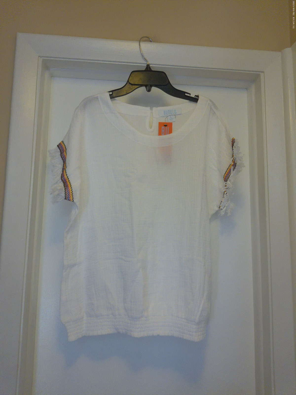 Bunulu Size Large Womens Embroidered Fringe Short Sleeve Top New W/Tag